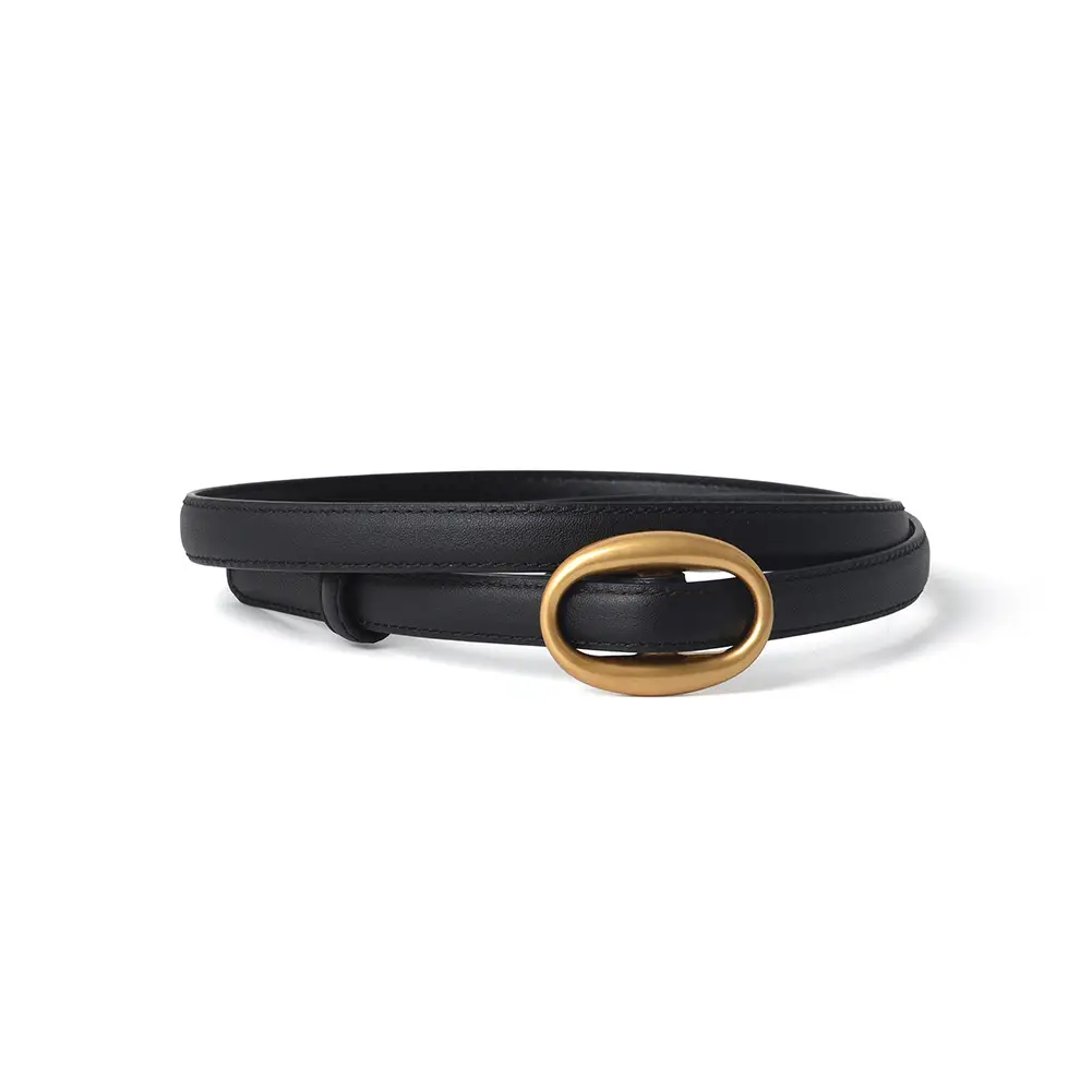 Women's Black Genuine Leather Belt with Gold Buckle
