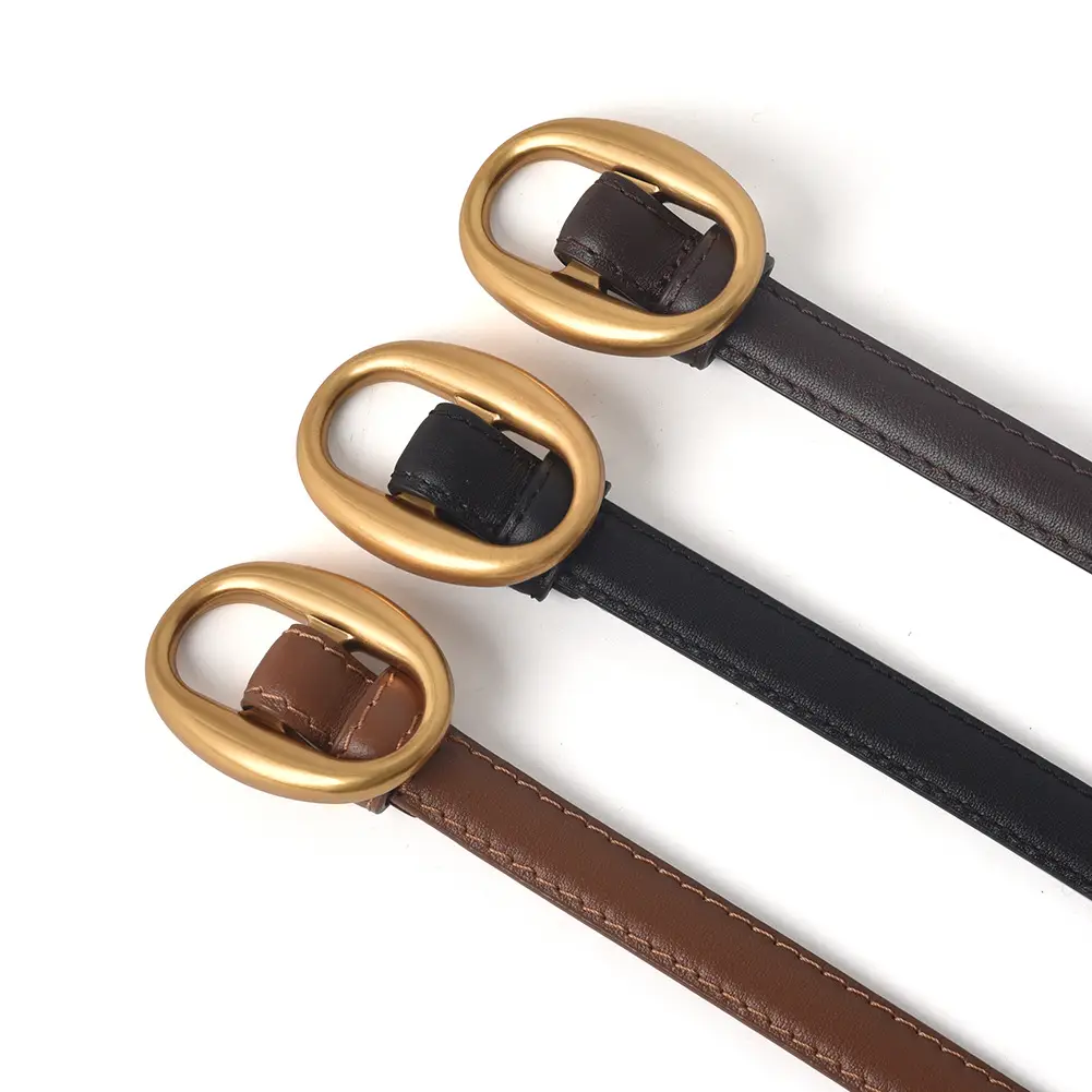 Women's Black Genuine Leather Belt with Gold Buckle
