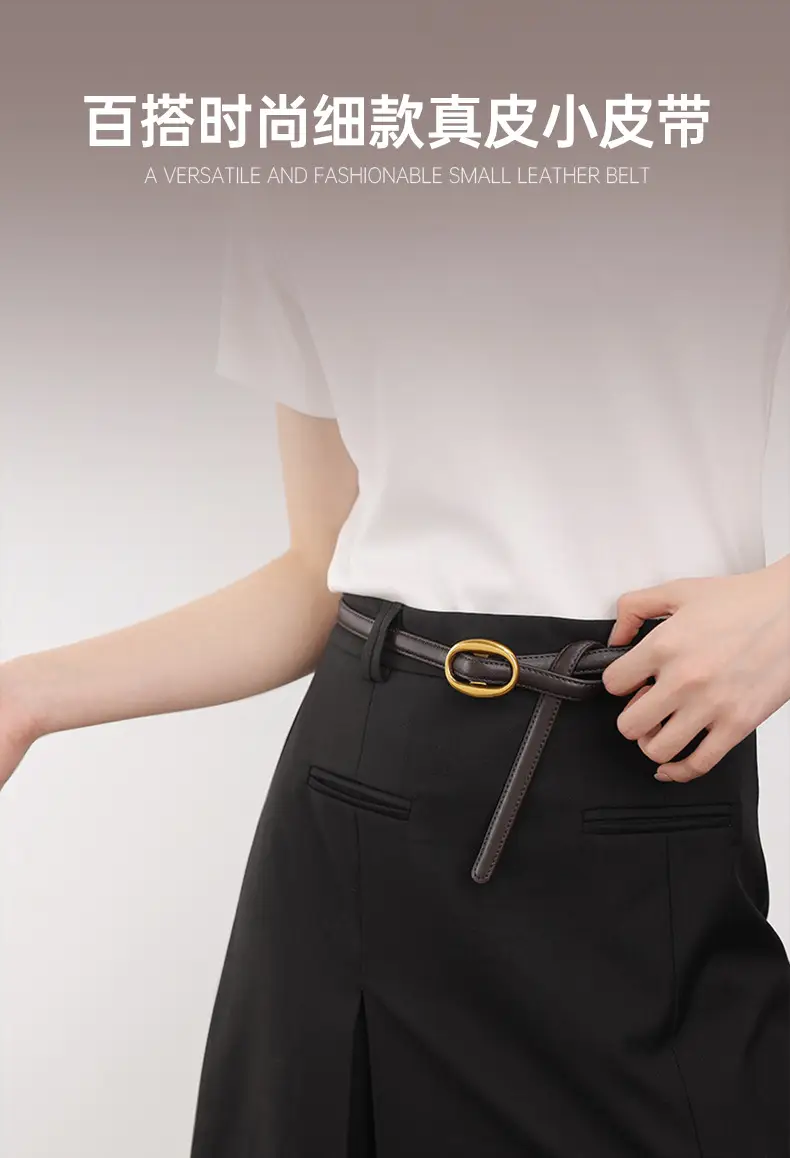 Women's Black Genuine Leather Belt with Gold Buckle — feature 1