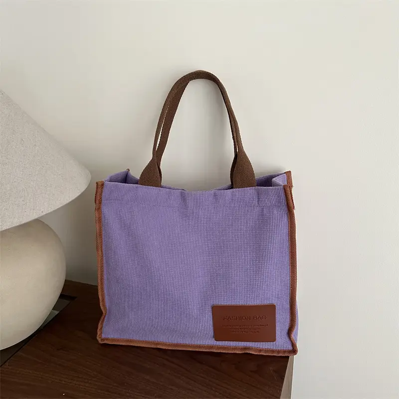 Purple Canvas Large Tote Bag with Brown Handles - Image 9