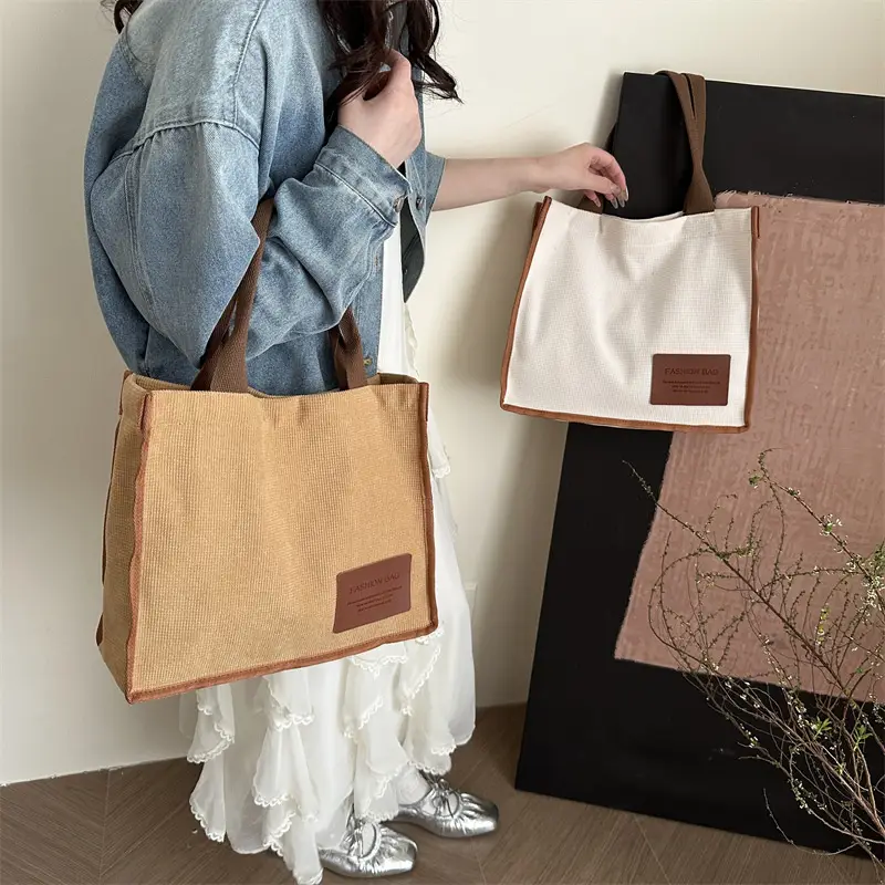 Purple Canvas Large Tote Bag with Brown Handles - Image 10