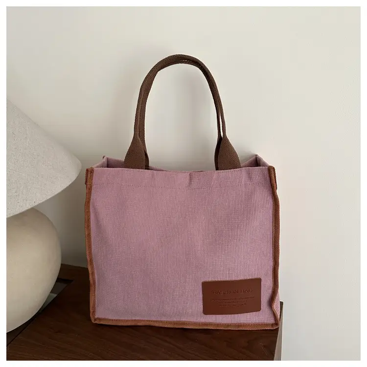 Purple Canvas Large Tote Bag with Brown Handles — feature 10