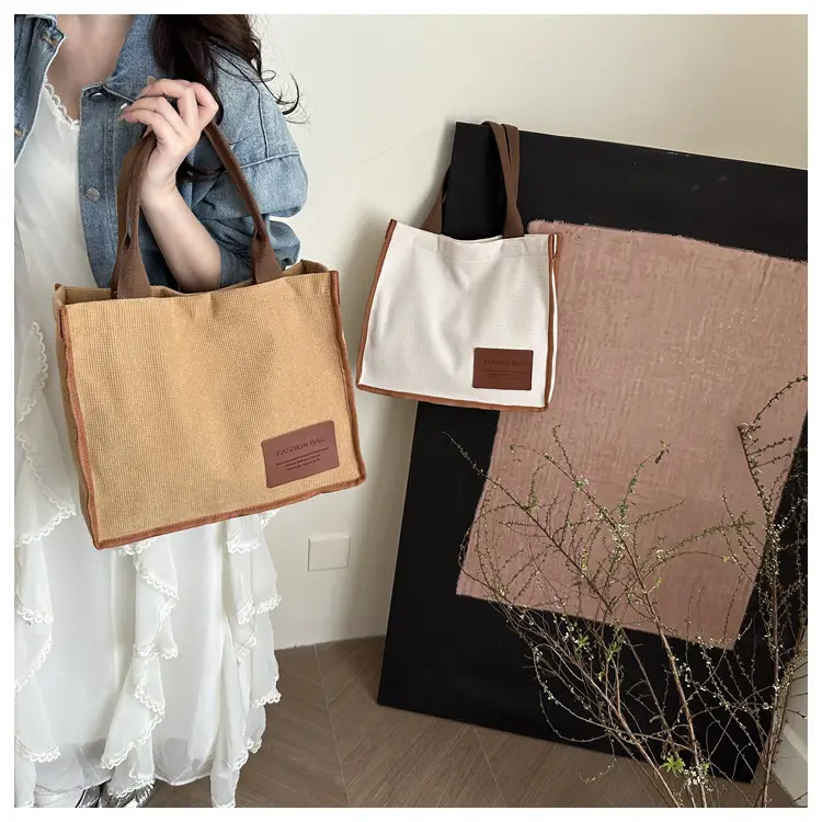 Purple Canvas Large Tote Bag with Brown Handles — feature 17