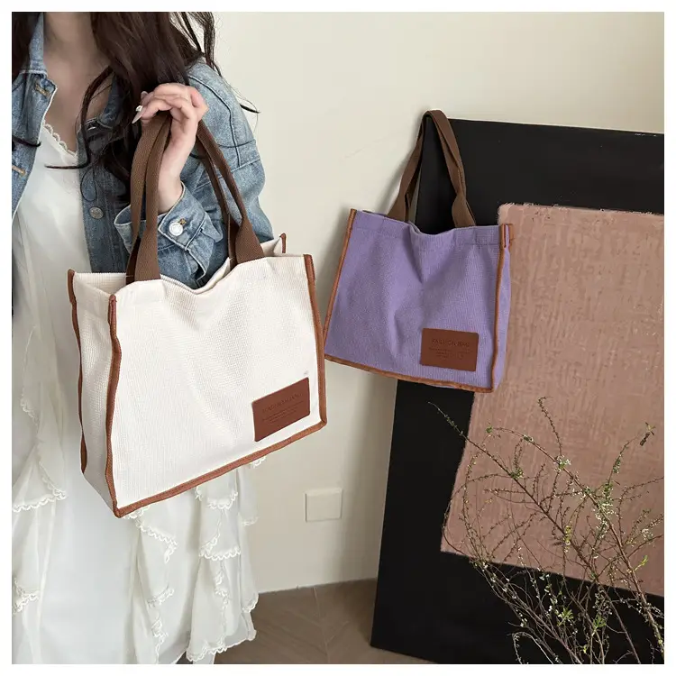 Purple Canvas Large Tote Bag with Brown Handles — feature 18