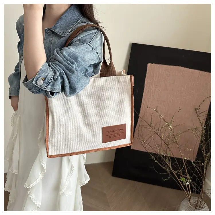 Purple Canvas Large Tote Bag with Brown Handles — feature 2