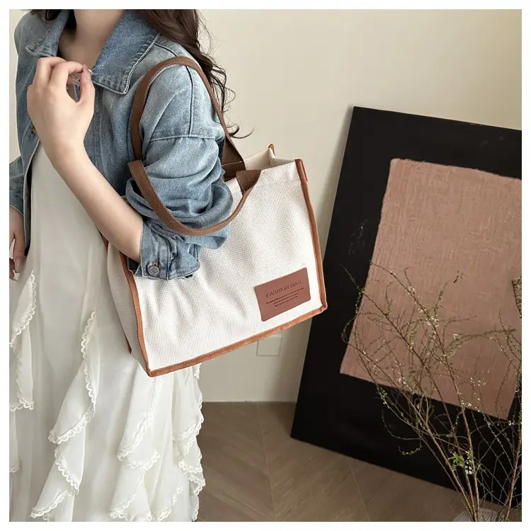 Purple Canvas Large Tote Bag with Brown Handles — feature 20