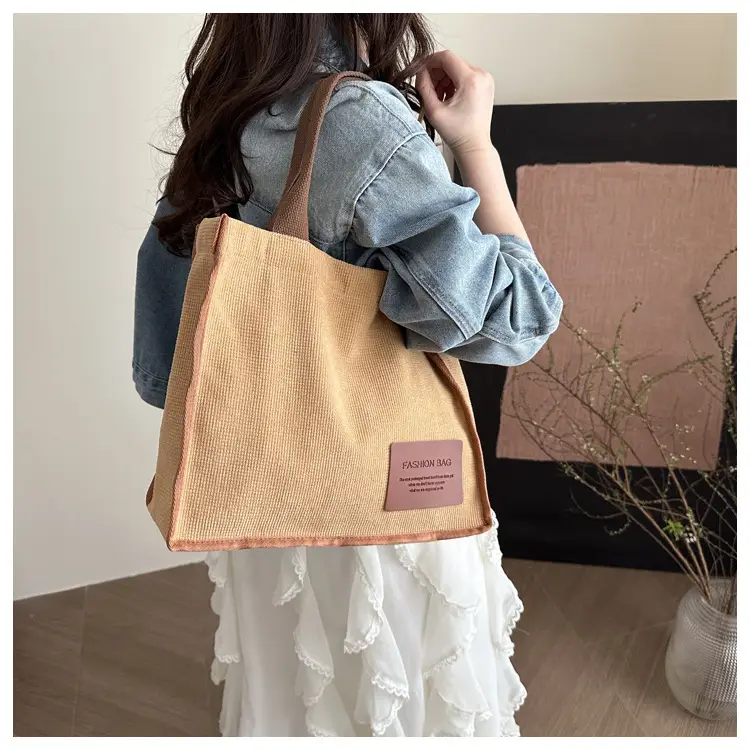 Purple Canvas Large Tote Bag with Brown Handles — feature 23