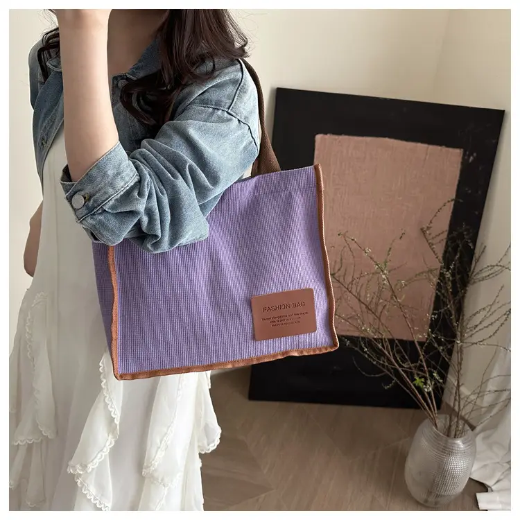 Purple Canvas Large Tote Bag with Brown Handles — feature 25