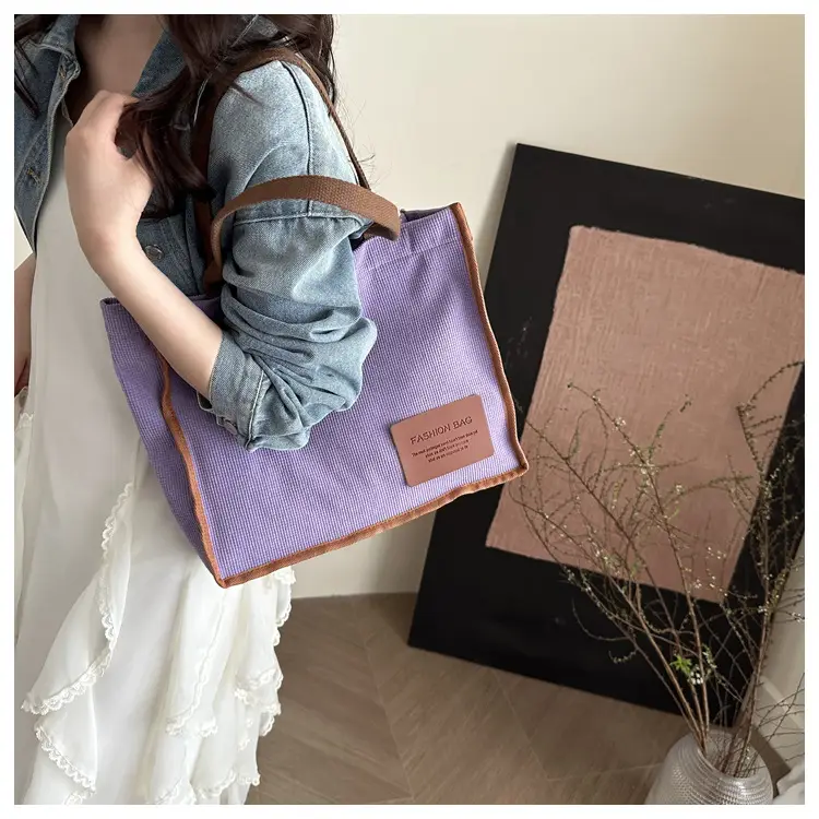 Purple Canvas Large Tote Bag with Brown Handles — feature 26