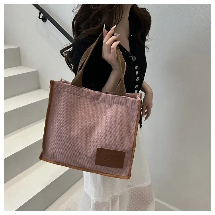 Purple Canvas Large Tote Bag with Brown Handles — feature 30
