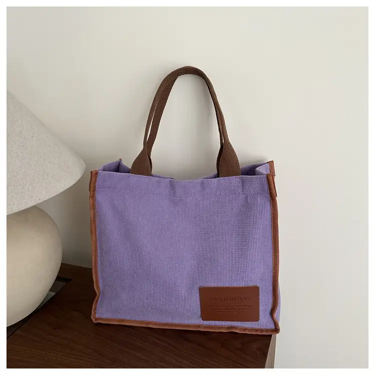 Purple Canvas Large Tote Bag with Brown Handles — feature 9