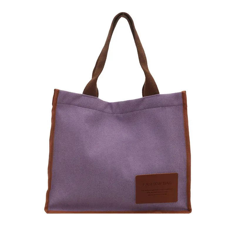 Purple Canvas Large Tote Bag with Brown Handles - Image 8