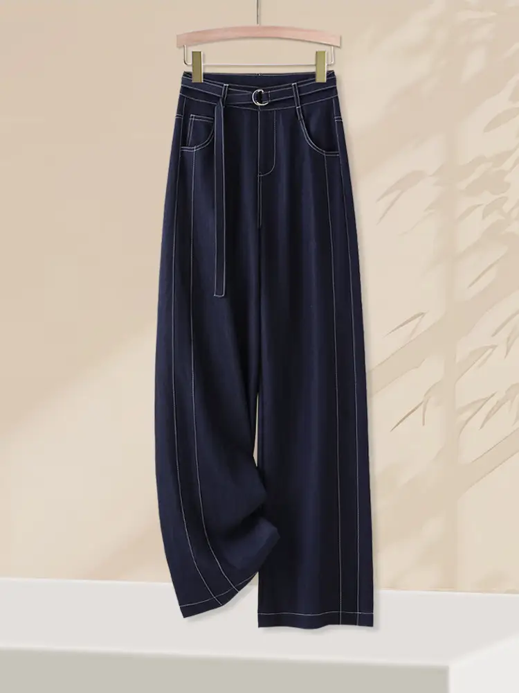 Dark Blue Tencel Wide Leg Pants for Women 2026