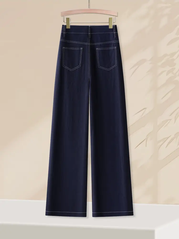 Dark Blue Tencel Wide Leg Pants for Women 2026