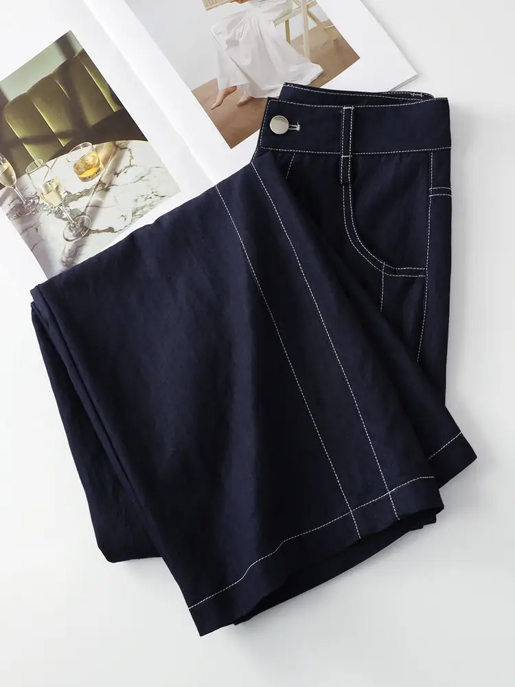 Dark Blue Tencel Wide Leg Pants for Women 2026