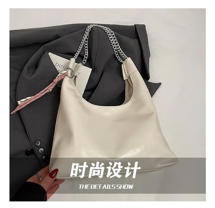 Large Capacity Women's White Leather Tote Bag with Chain Strap — feature 10