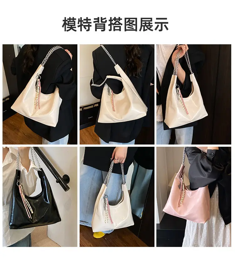 Large Capacity Women's White Leather Tote Bag with Chain Strap — feature 4