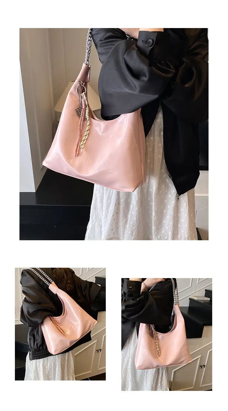 Large Capacity Women's White Leather Tote Bag with Chain Strap — feature 5