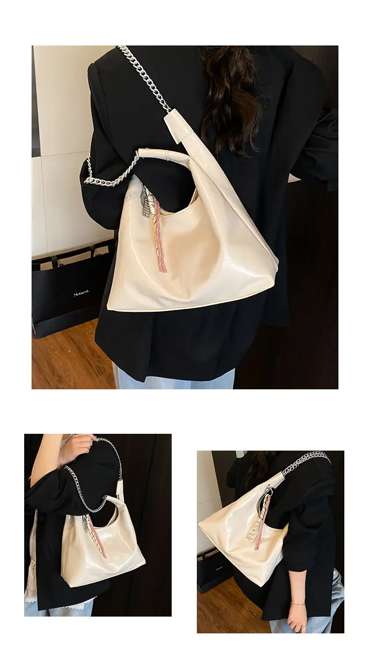 Large Capacity Women's White Leather Tote Bag with Chain Strap — feature 6
