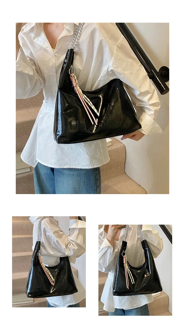Large Capacity Women's White Leather Tote Bag with Chain Strap — feature 7