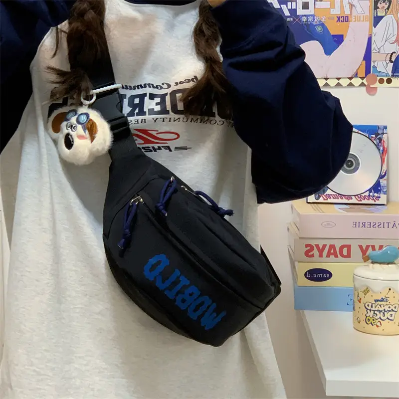 Women's Blue Lettering Crossbody Bag with Leather Strap