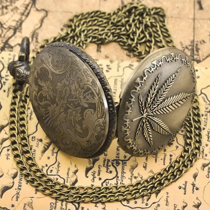 Cross-Border Leaf Pattern Flip Pocket Watch Necklace - Image 3