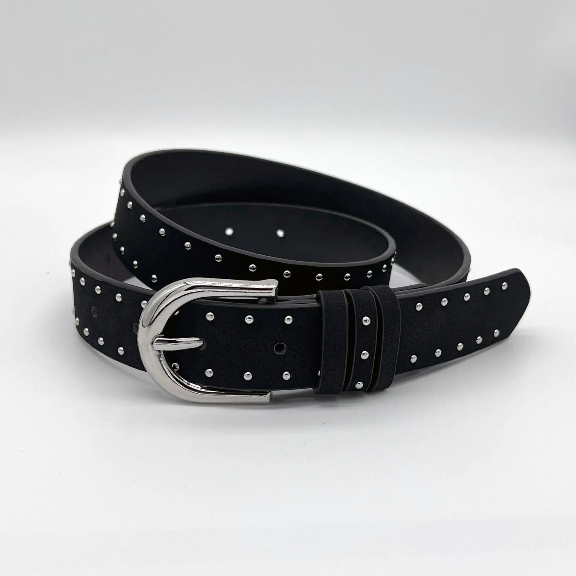Black Suede Rivet Belt with Silver Buckle for Women