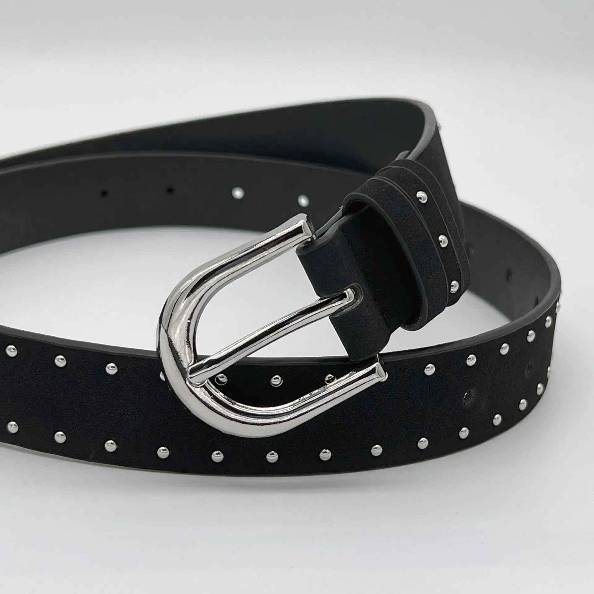 Black Suede Rivet Belt with Silver Buckle for Women