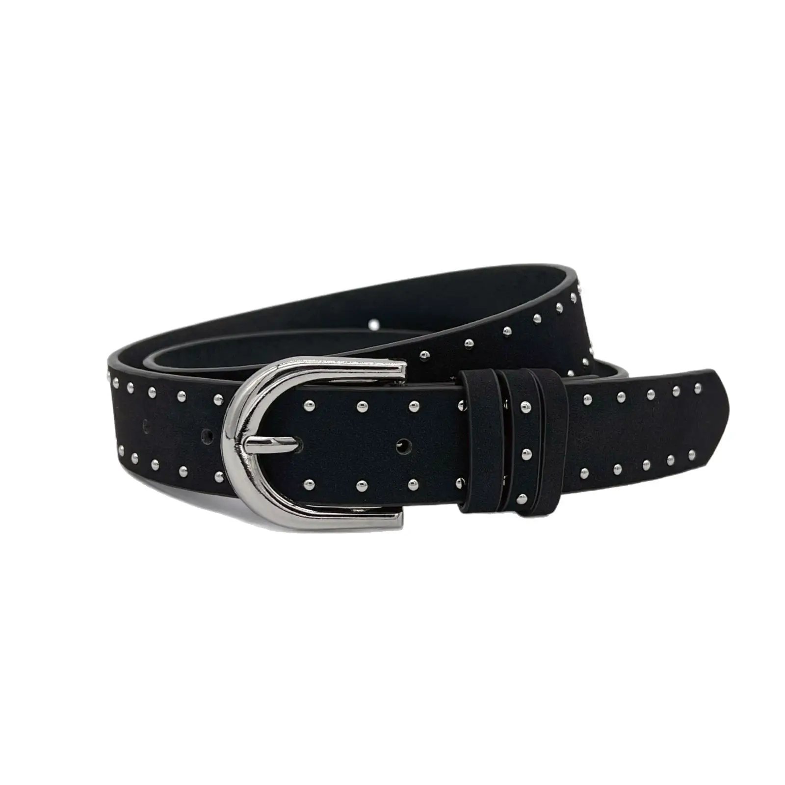 Black Suede Rivet Belt with Silver Buckle for Women
