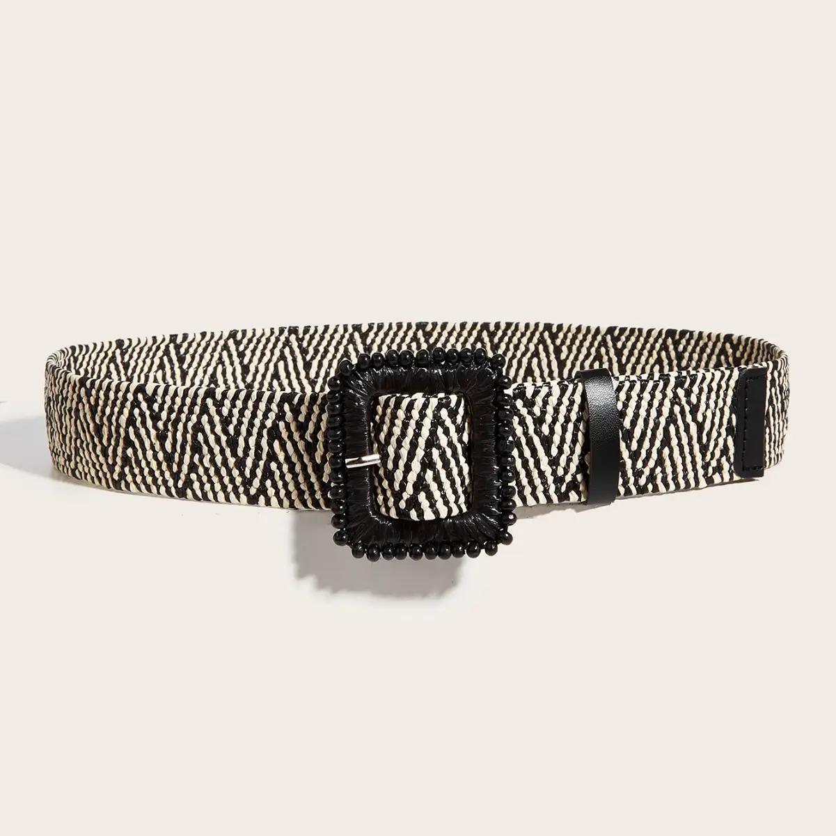 Women's Decorative Belt with Round Square Buckle Black Gold Beaded
