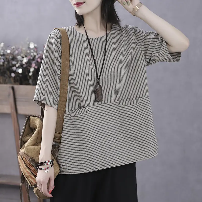 Vintage Mid-Sleeve Base Shirt for Women, Summer Thin Top, Stylish Pullover Loose Striped Half-Sleeve T-Shirt