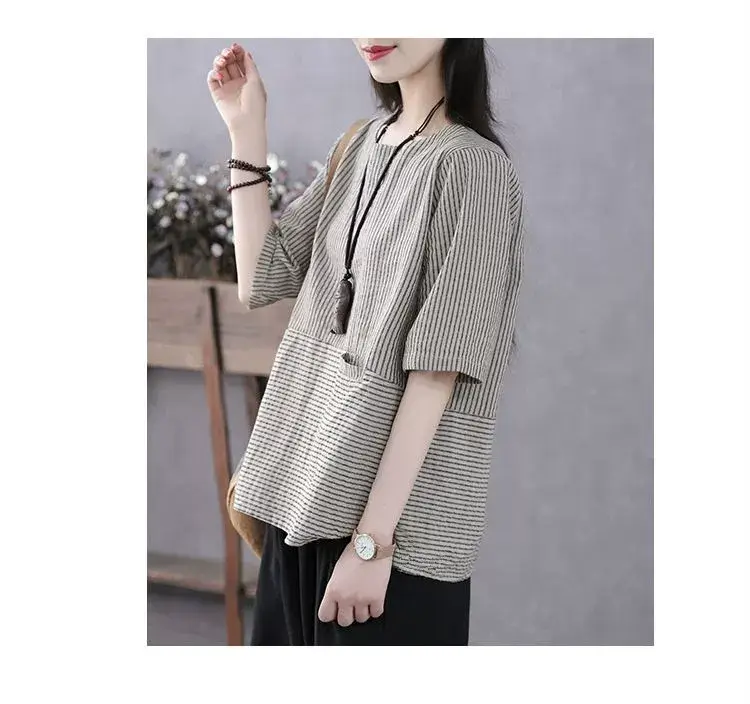 Vintage Mid-Sleeve Base Shirt for Women, Summer Thin Top, Stylish Pullover Loose Striped Half-Sleeve T-Shirt — feature 3