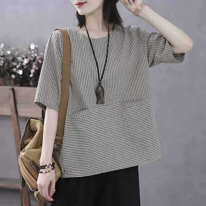 Vintage Mid-Sleeve Base Shirt for Women, Summer Thin Top, Stylish Pullover Loose Striped Half-Sleeve T-Shirt — feature 4