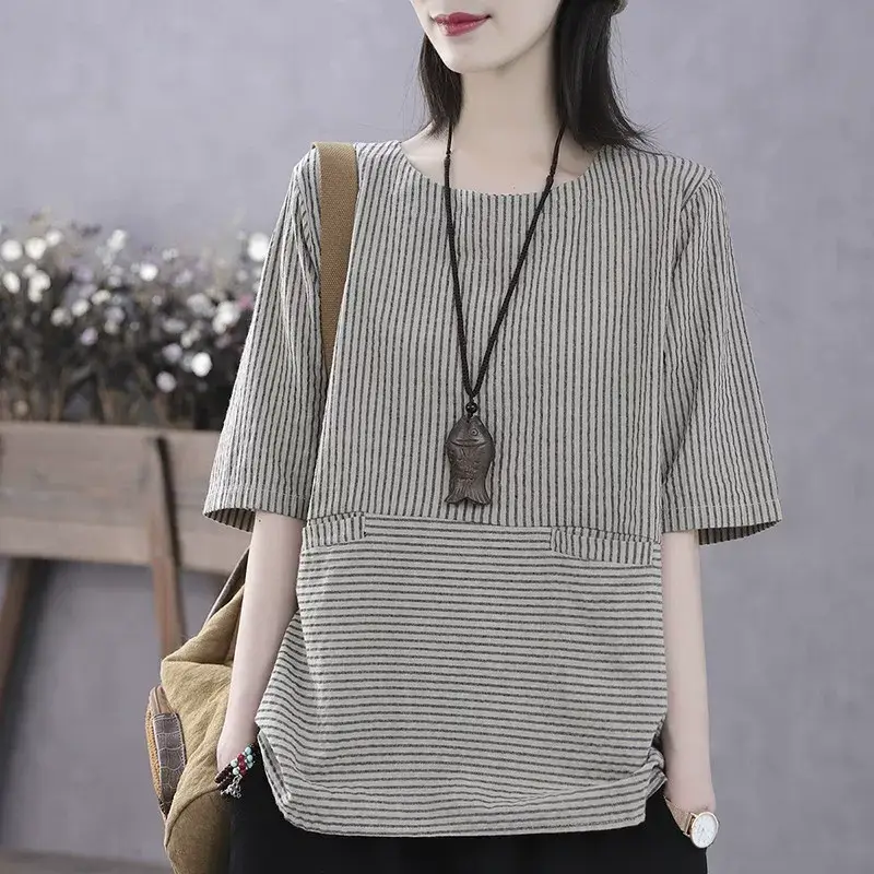 Vintage Mid-Sleeve Base Shirt for Women, Summer Thin Top, Stylish Pullover Loose Striped Half-Sleeve T-Shirt — feature 6