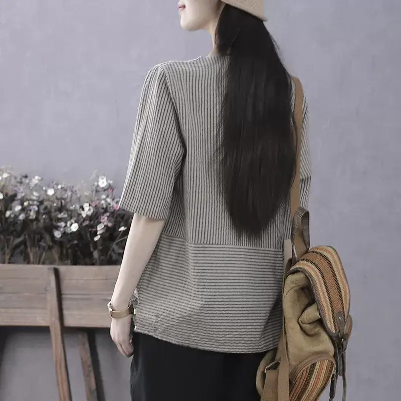 Vintage Mid-Sleeve Base Shirt for Women, Summer Thin Top, Stylish Pullover Loose Striped Half-Sleeve T-Shirt — feature 8