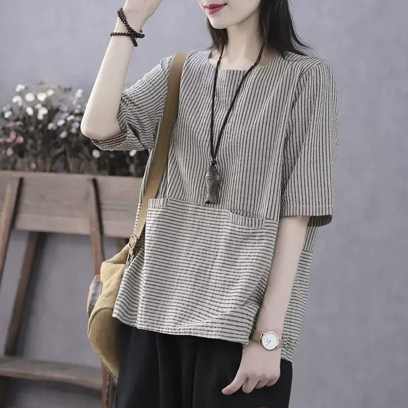 Vintage Mid-Sleeve Base Shirt for Women, Summer Thin Top, Stylish Pullover Loose Striped Half-Sleeve T-Shirt — feature 9