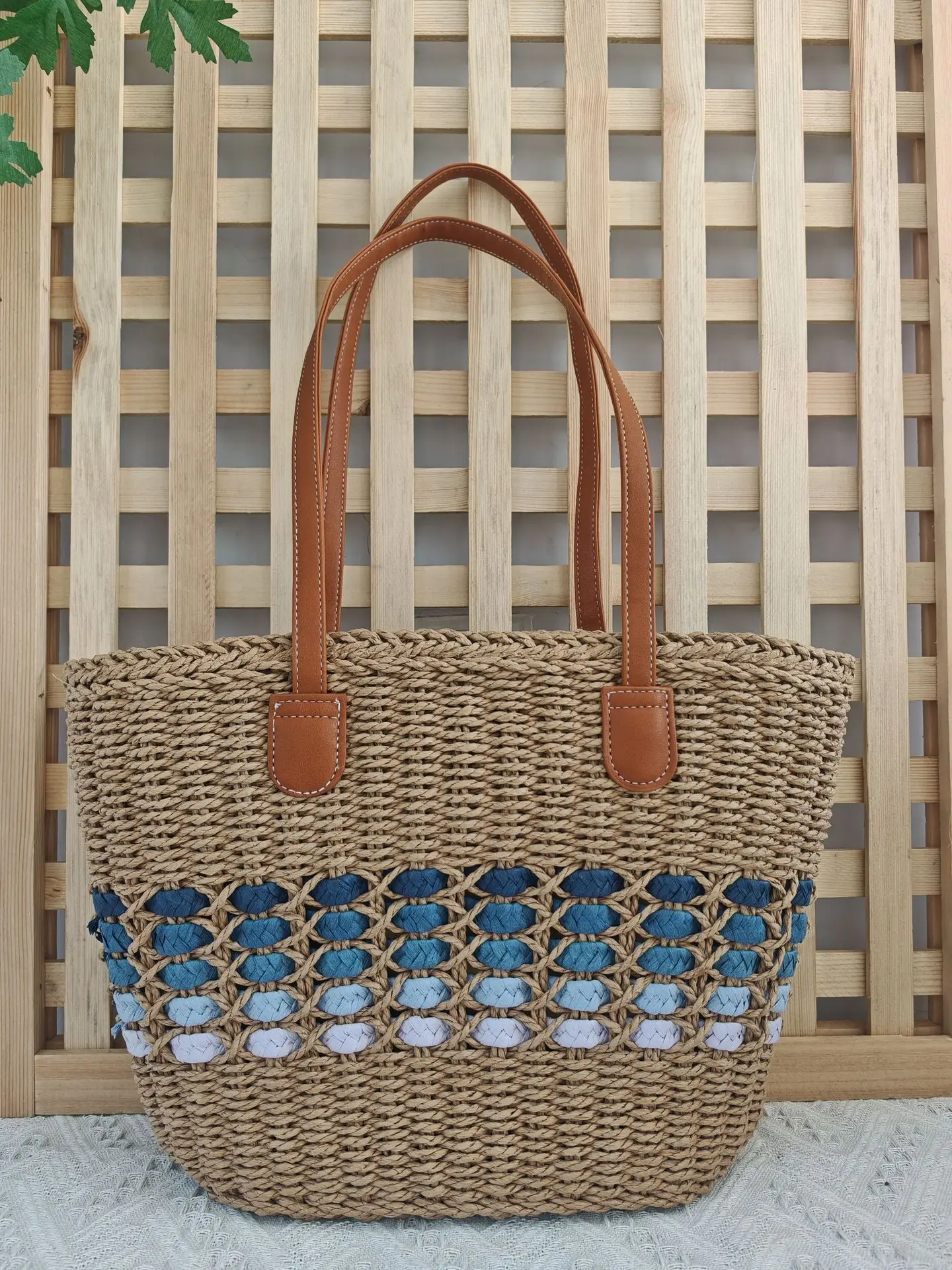 Korean Style Straw Tote Bag with Leather Handles - Image 5
