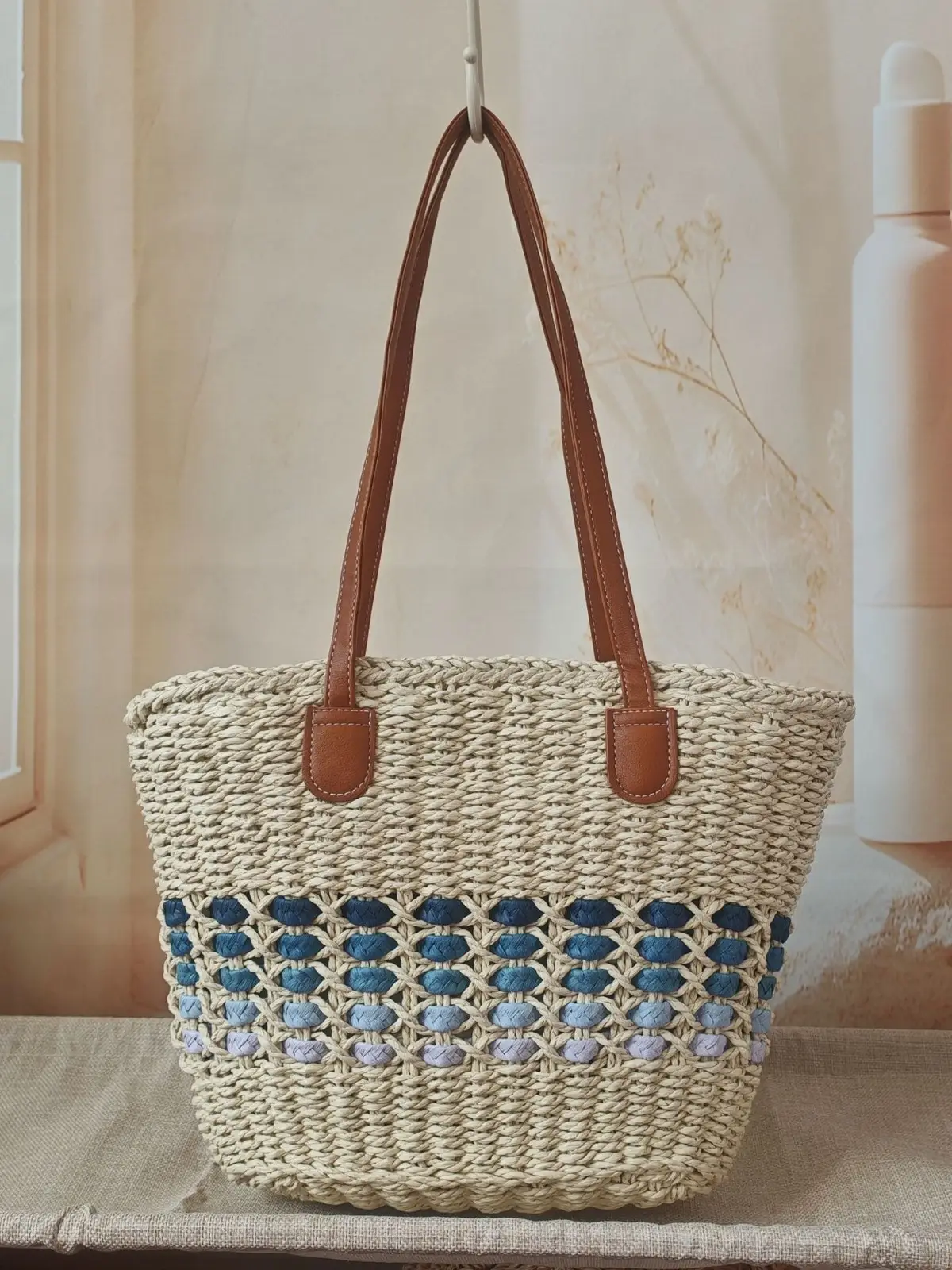 Korean Style Straw Tote Bag with Leather Handles - Image 6