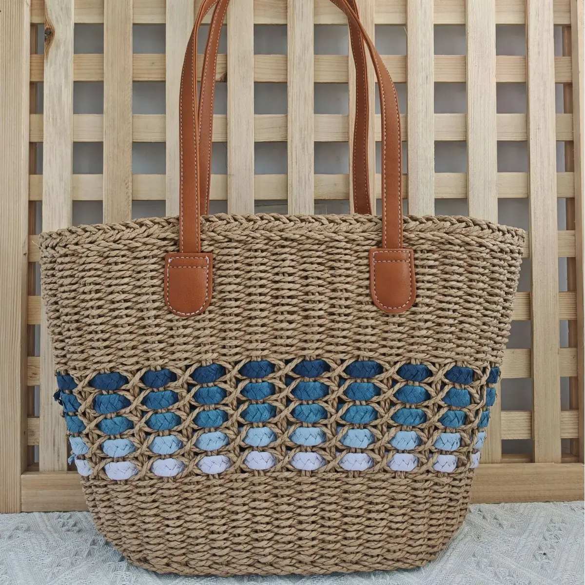 Korean Style Straw Tote Bag with Leather Handles - Image 2