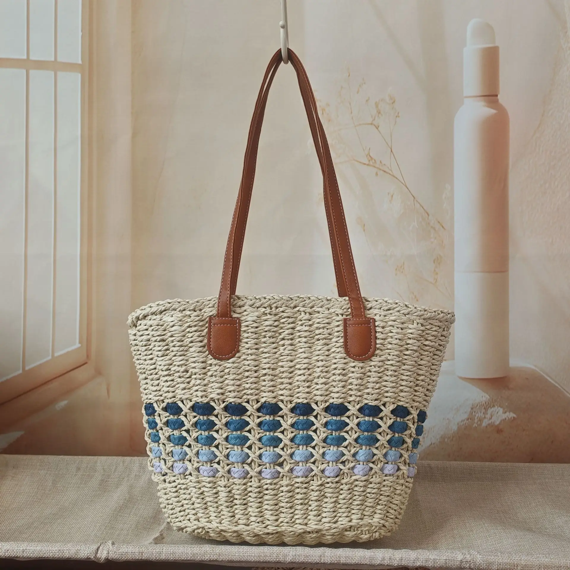 Korean Style Straw Tote Bag with Leather Handles - Image 3