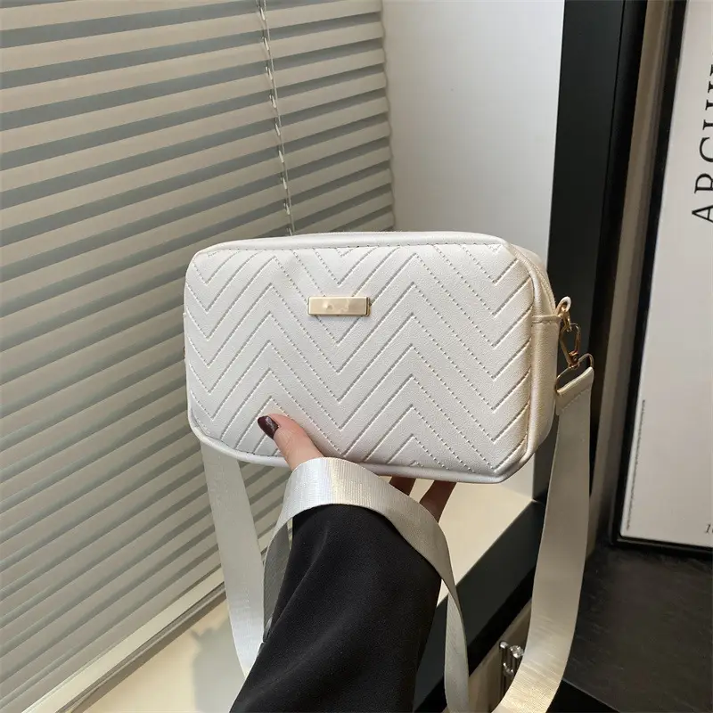 Women's White Quilted Square Camera Bag with Leather Strap - Image 11