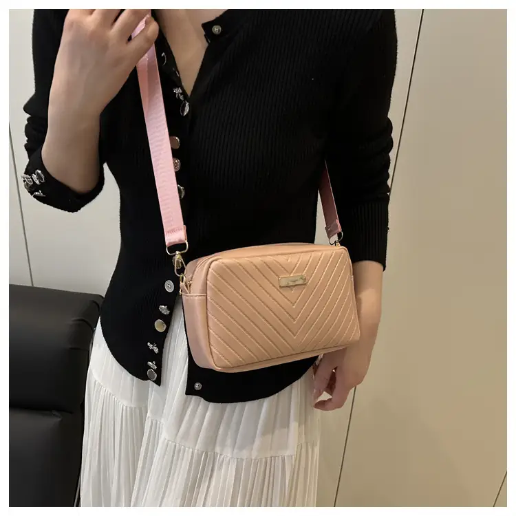 Women's White Quilted Square Camera Bag with Leather Strap — feature 12