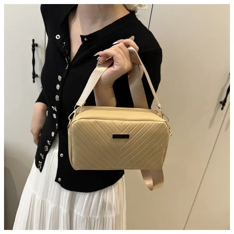 Women's White Quilted Square Camera Bag with Leather Strap — feature 15