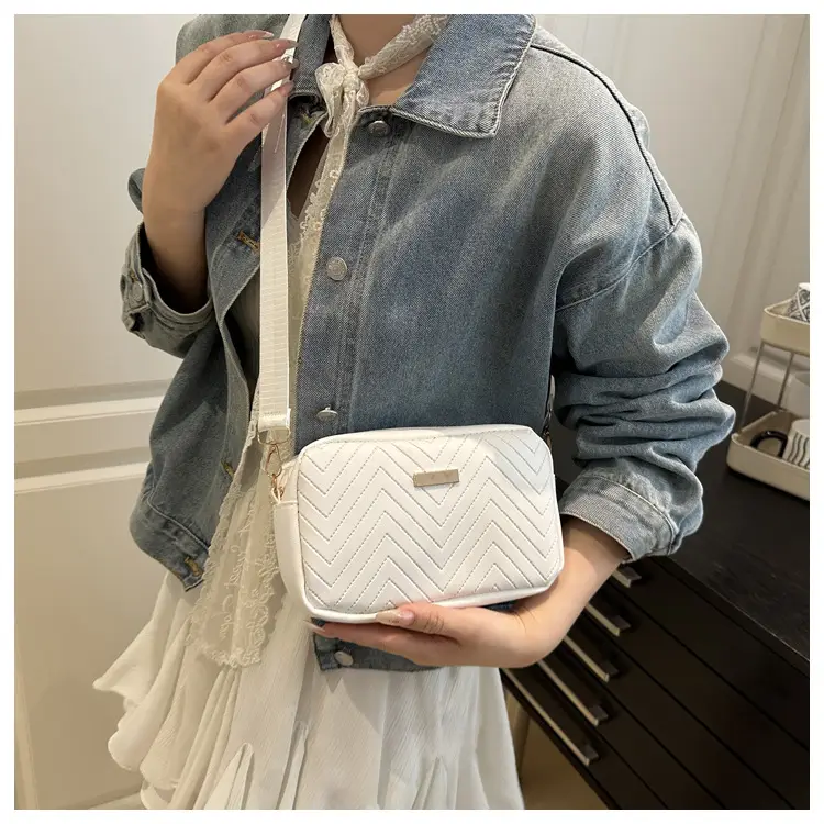Women's White Quilted Square Camera Bag with Leather Strap — feature 21