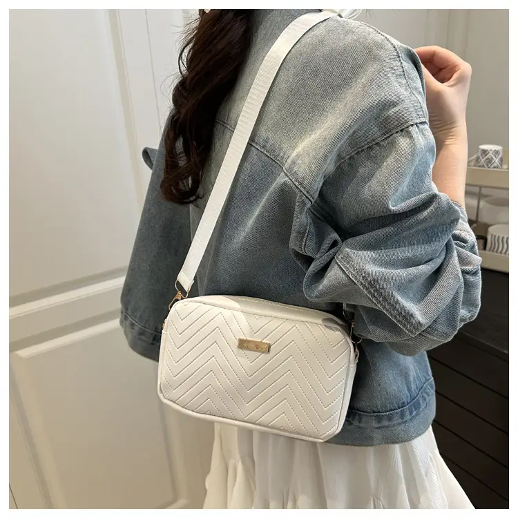 Women's White Quilted Square Camera Bag with Leather Strap — feature 22
