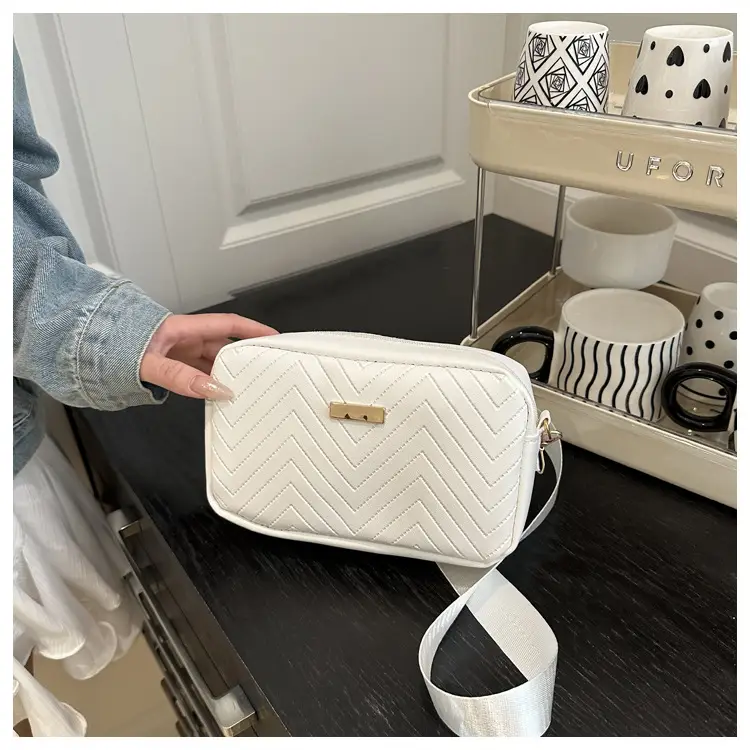 Women's White Quilted Square Camera Bag with Leather Strap — feature 23