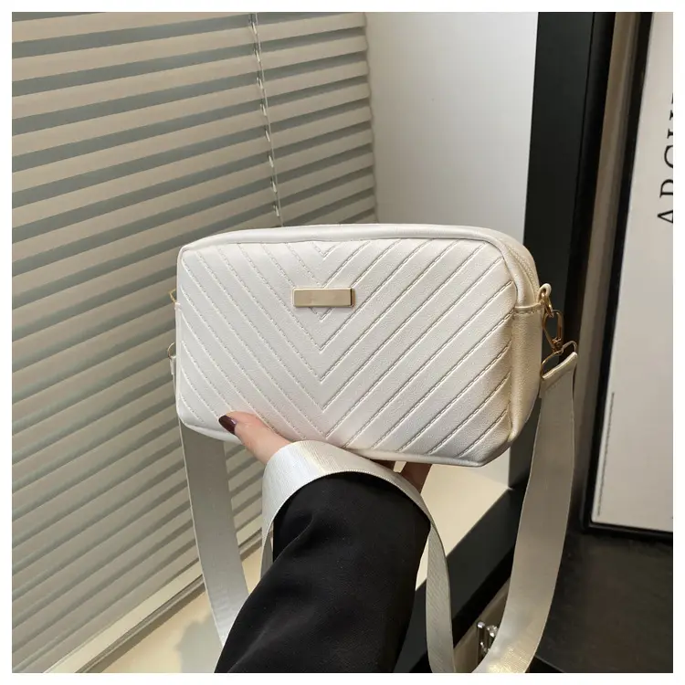 Women's White Quilted Square Camera Bag with Leather Strap — feature 25