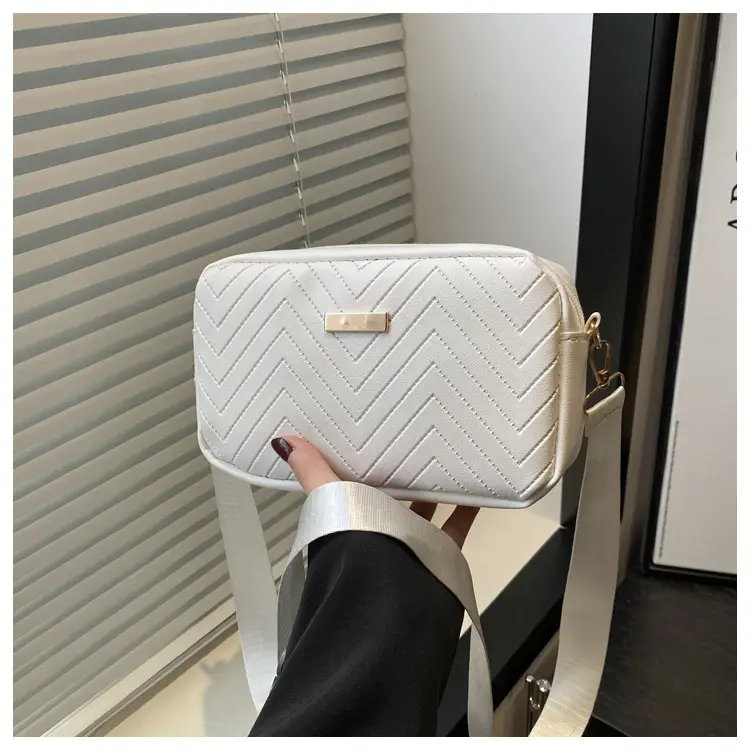 Women's White Quilted Square Camera Bag with Leather Strap — feature 30