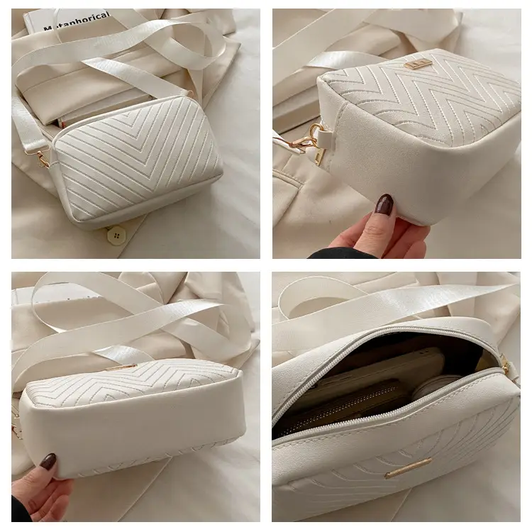 Women's White Quilted Square Camera Bag with Leather Strap — feature 8