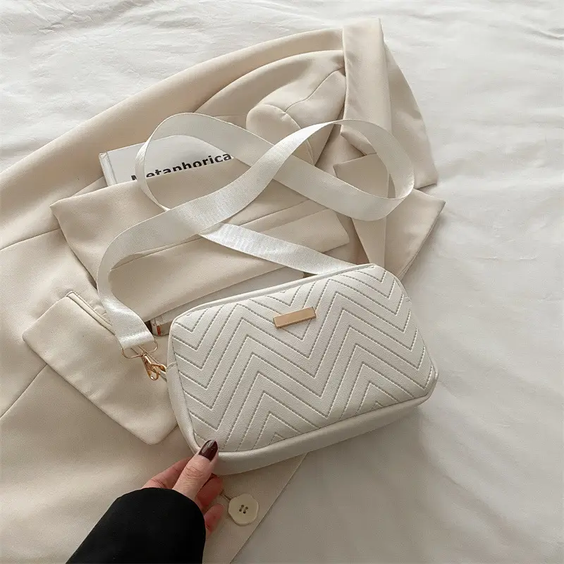 Women's White Quilted Square Camera Bag with Leather Strap - Image 2